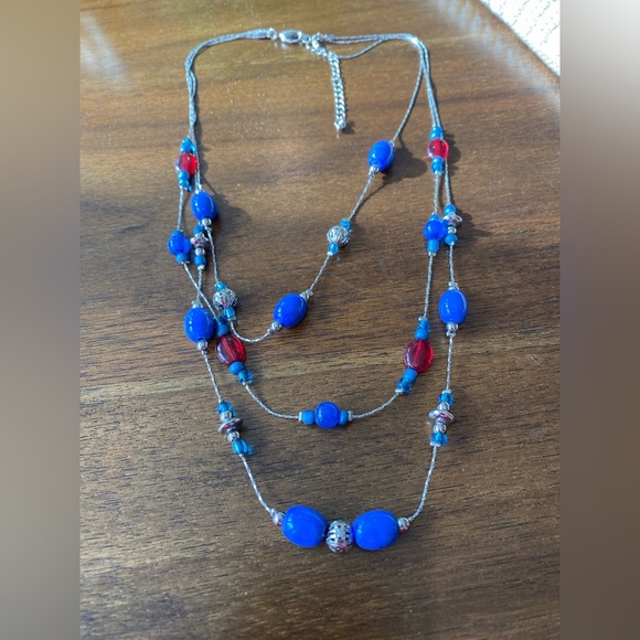 Red, silver and blue multi-strand necklace - Picture 1 of 4